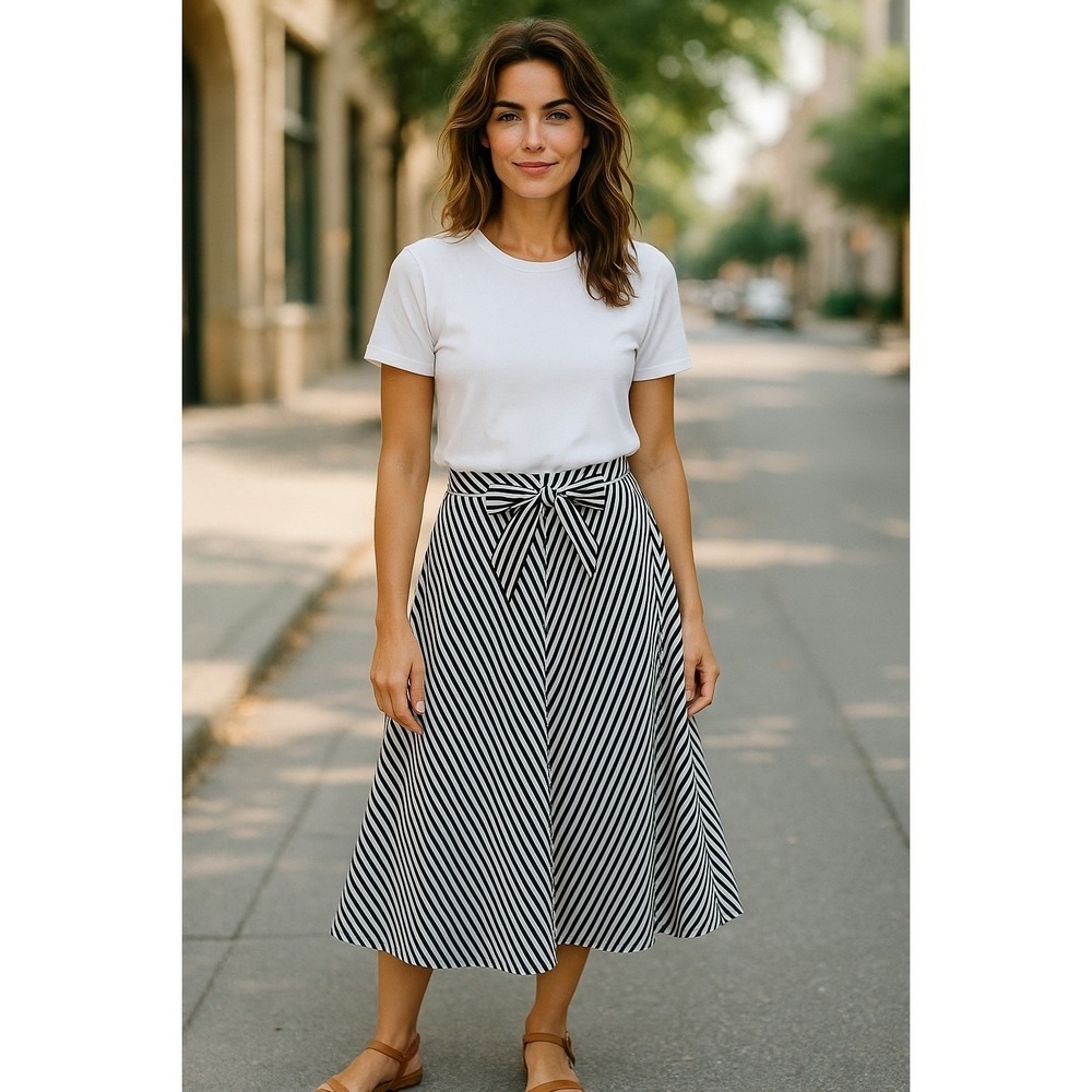 Madewell Striped Tie Waist A-Line Midi Skirt Career Casual Chic Size 6 - Picture 4 of 6